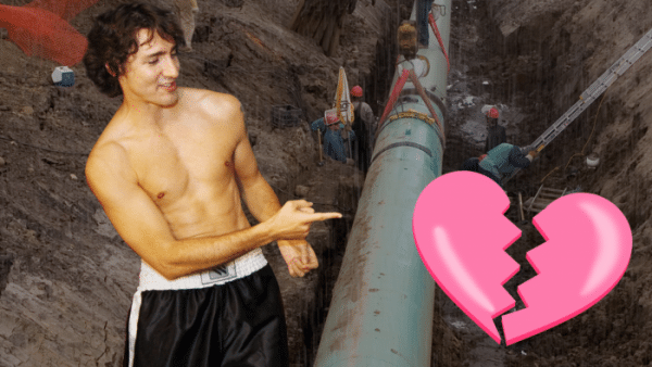 A composite image of an oil pipeline. At left is an image of Justin Trudeau. He is pointing in the direction of the pipeline. At right is a cartoon heart that's splitting in half.